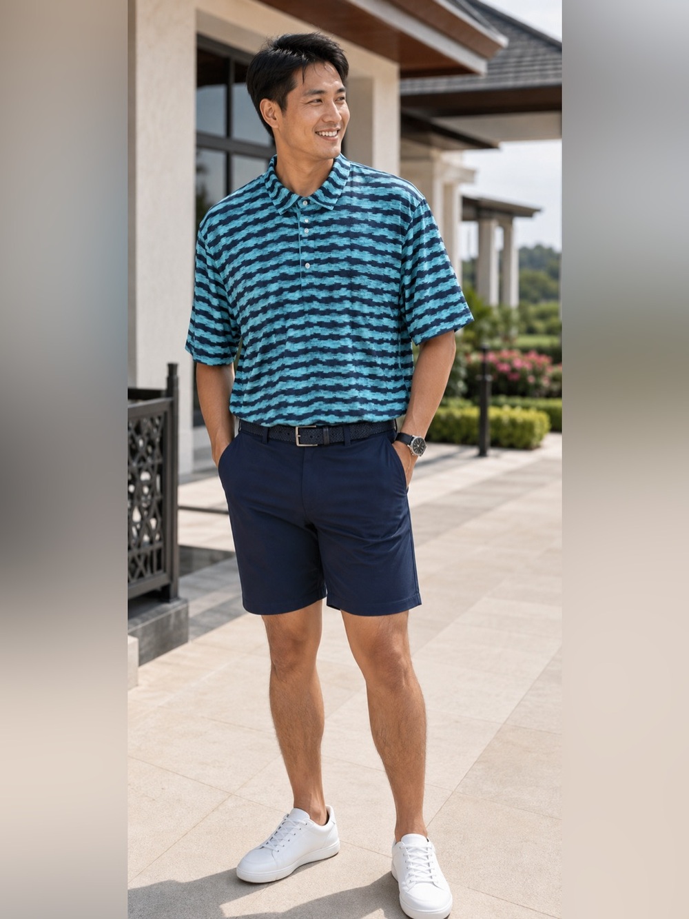 Greg Norman Play Dry Men’s Golf Polo XXL Aqua Navy Abstract Stripe